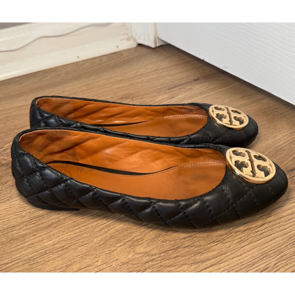 Tory Burch Black Quilted Leather Ballet Flats Gold Logo Preppy Classy‎ Womens 6